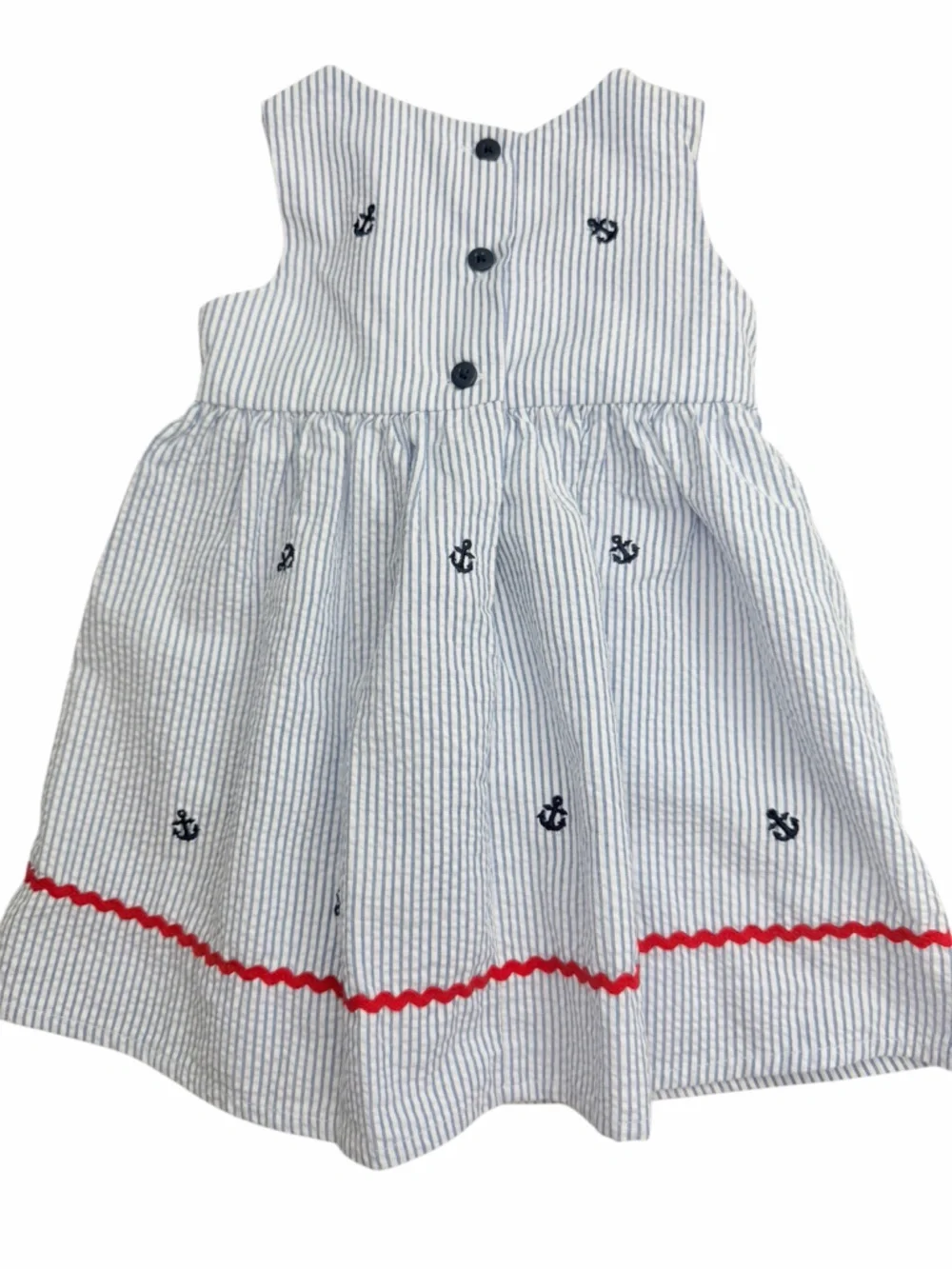 STARTING OUT Blue Striped Seersucker Nautical Embroidered Anchor Dress Sz 18 Mos